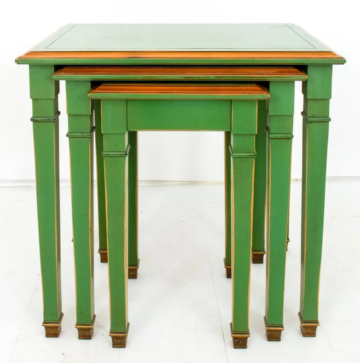 Jansen Style Green Lacquer & Gilt Nesting Tables, Set of Three