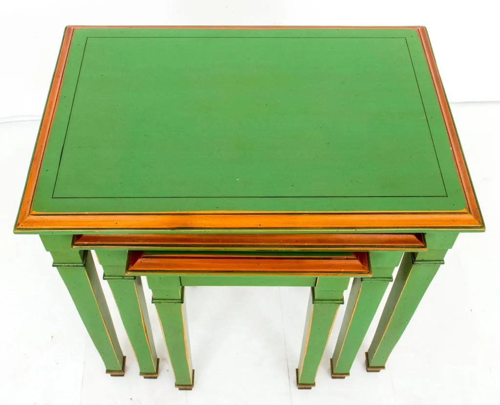 Jansen Style Green Lacquer & Gilt Nesting Tables, Set of Three