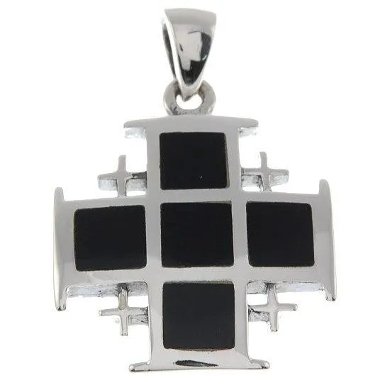 Jerusalem Cross in Black Onyx Silver Pendant   Sterling Silver 925 Neck Chain