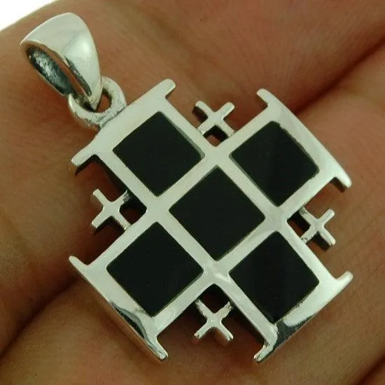 Jerusalem Cross in Black Onyx Silver Pendant   Sterling Silver 925 Neck Chain