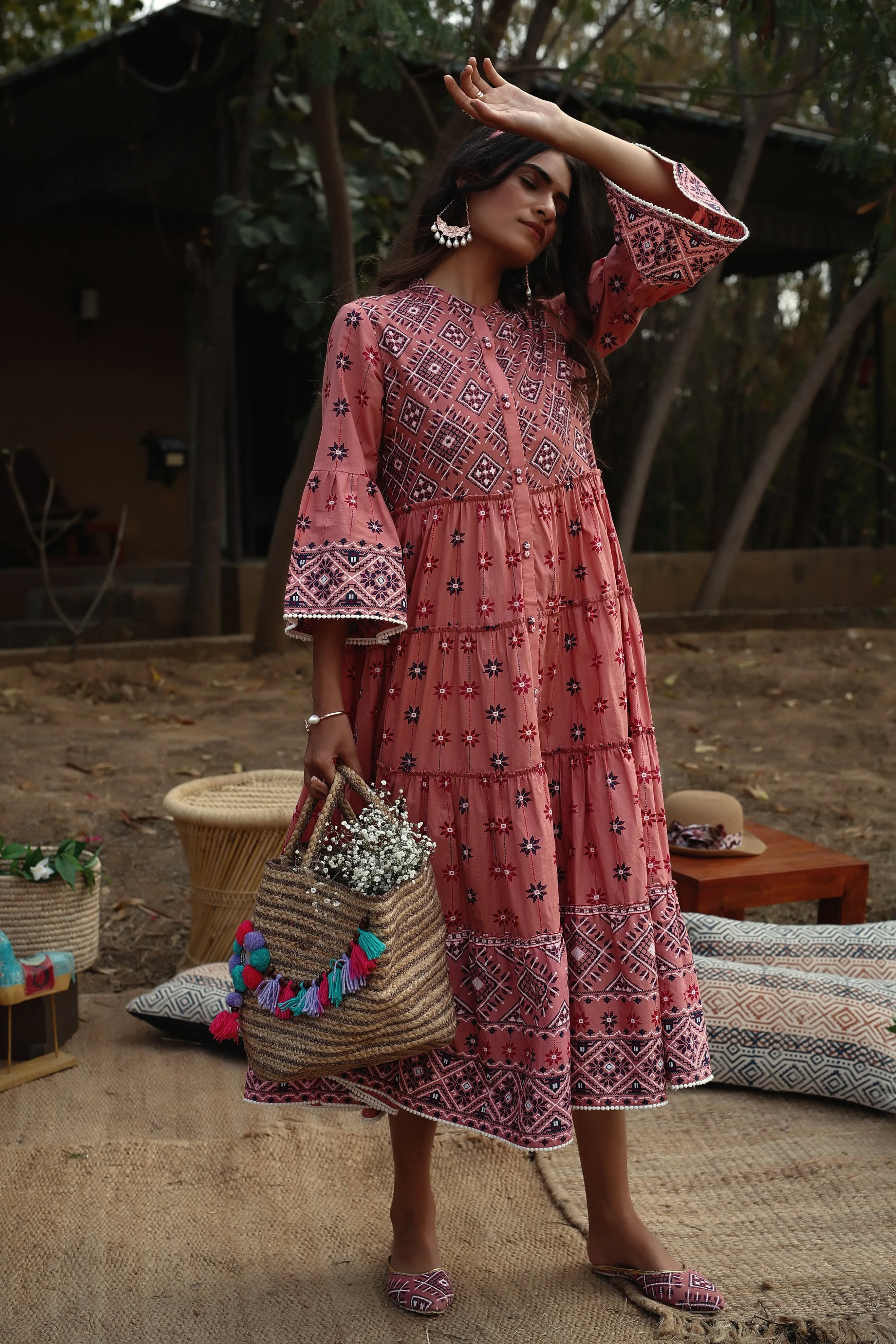 Juniper Peach Geometric Printed Pure Cotton Tiered Maxi Dress.