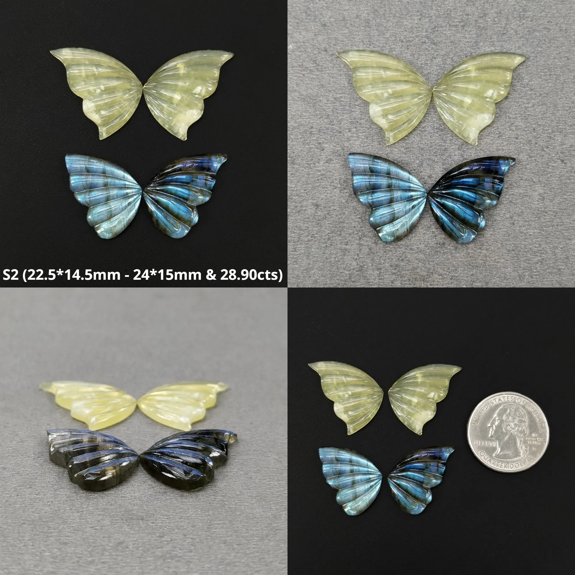 Labradorite & Yellow Opal Gemstone Carving : Natural Untreated Unheated Hand Carved Butterfly 2Pair Set