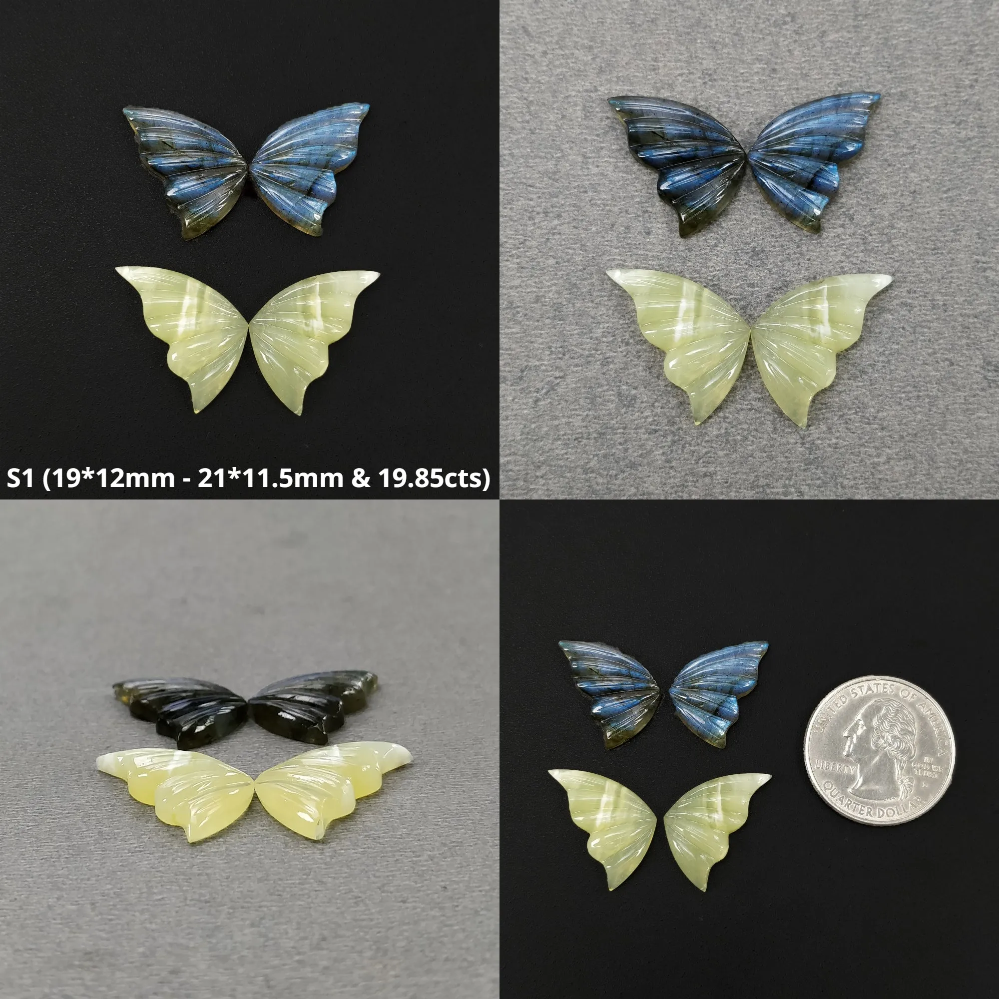 Labradorite & Yellow Opal Gemstone Carving : Natural Untreated Unheated Hand Carved Butterfly 2Pair Set