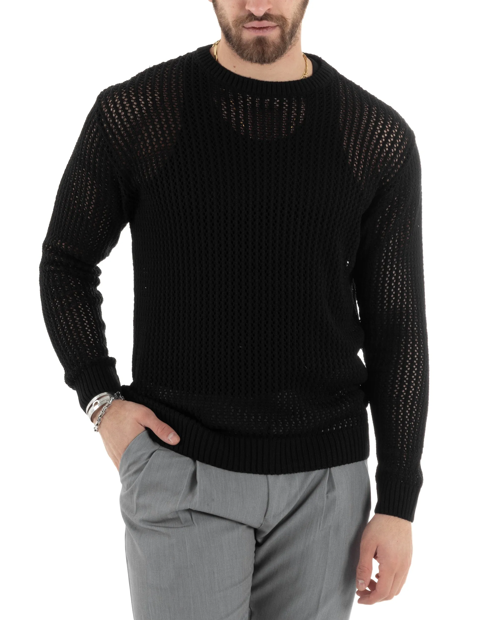 Maglioncino Uomo Traforato Girocollo Maglia Bucata Tinta Unita Nero Basic Casual GIOSAL-M2818A