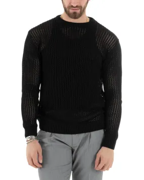 Maglioncino Uomo Traforato Girocollo Maglia Bucata Tinta Unita Nero Basic Casual GIOSAL-M2818A