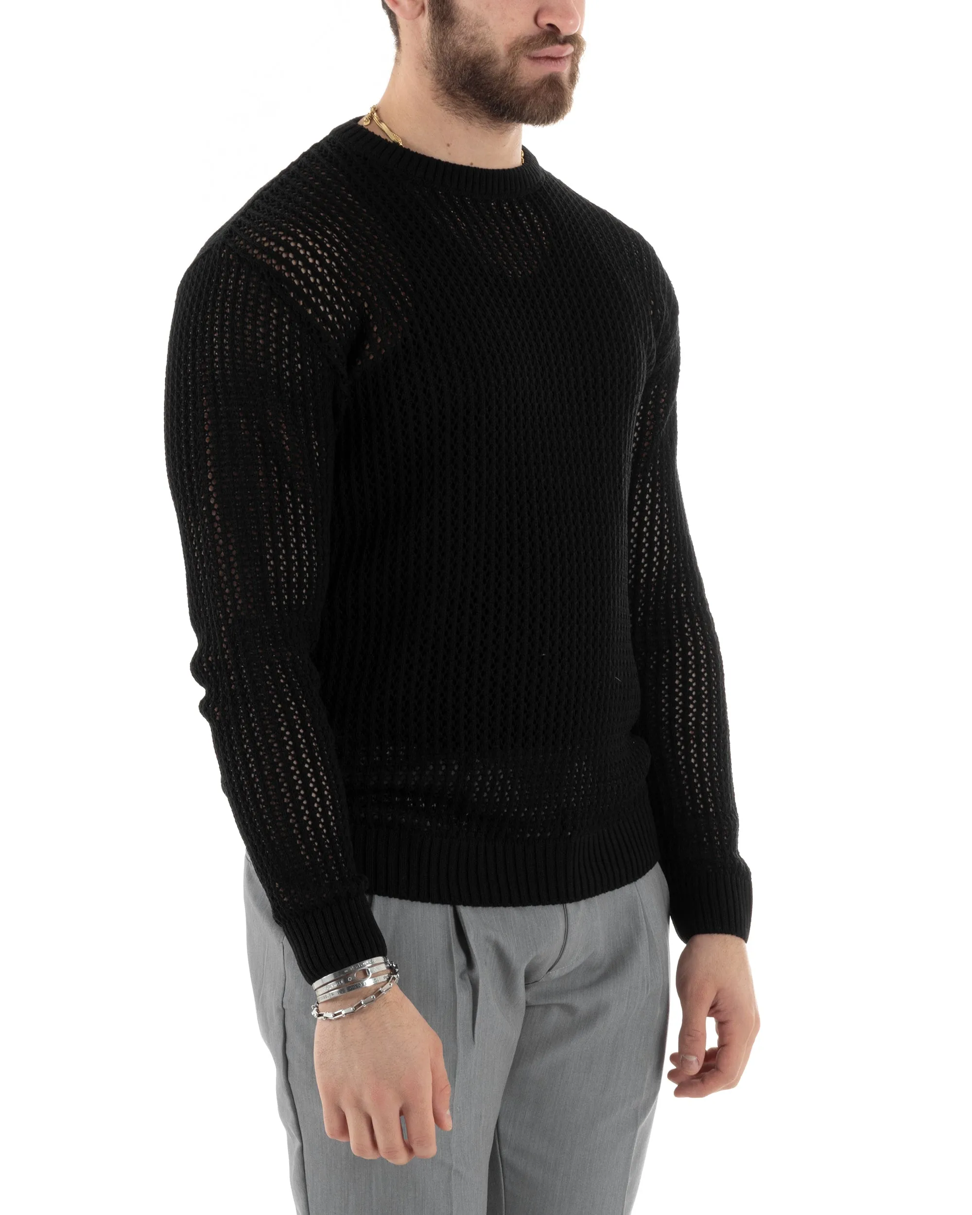 Maglioncino Uomo Traforato Girocollo Maglia Bucata Tinta Unita Nero Basic Casual GIOSAL-M2818A