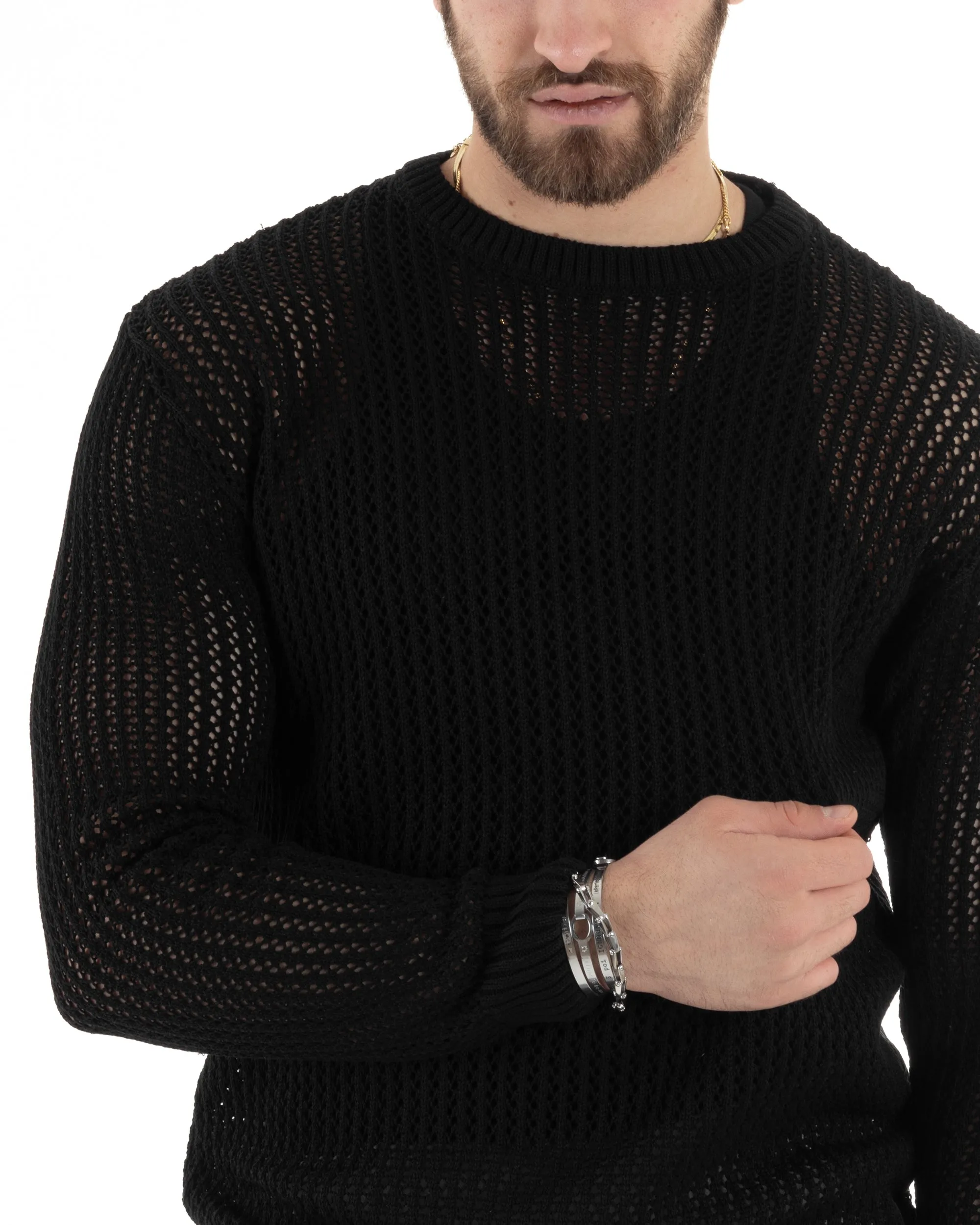 Maglioncino Uomo Traforato Girocollo Maglia Bucata Tinta Unita Nero Basic Casual GIOSAL-M2818A