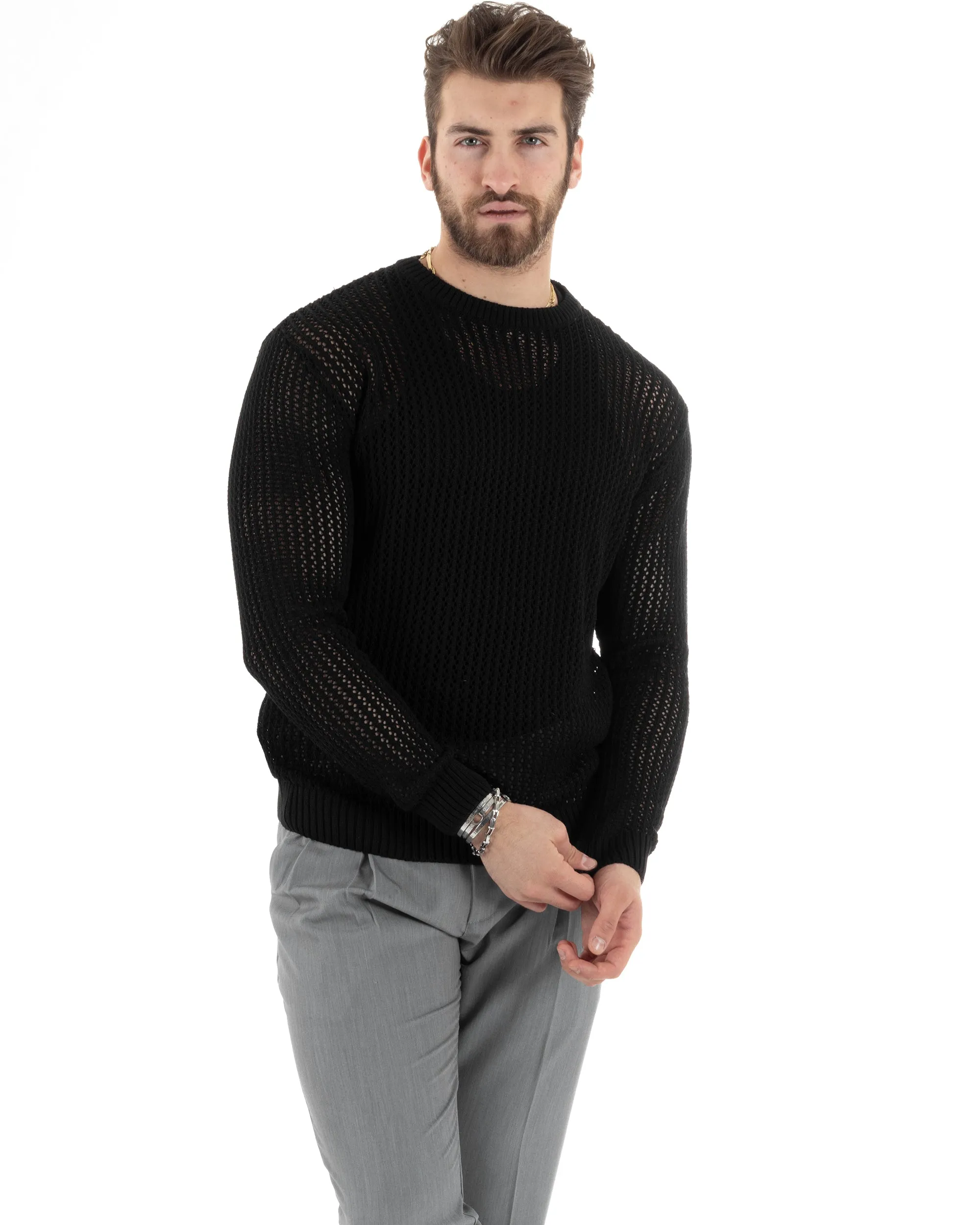 Maglioncino Uomo Traforato Girocollo Maglia Bucata Tinta Unita Nero Basic Casual GIOSAL-M2818A