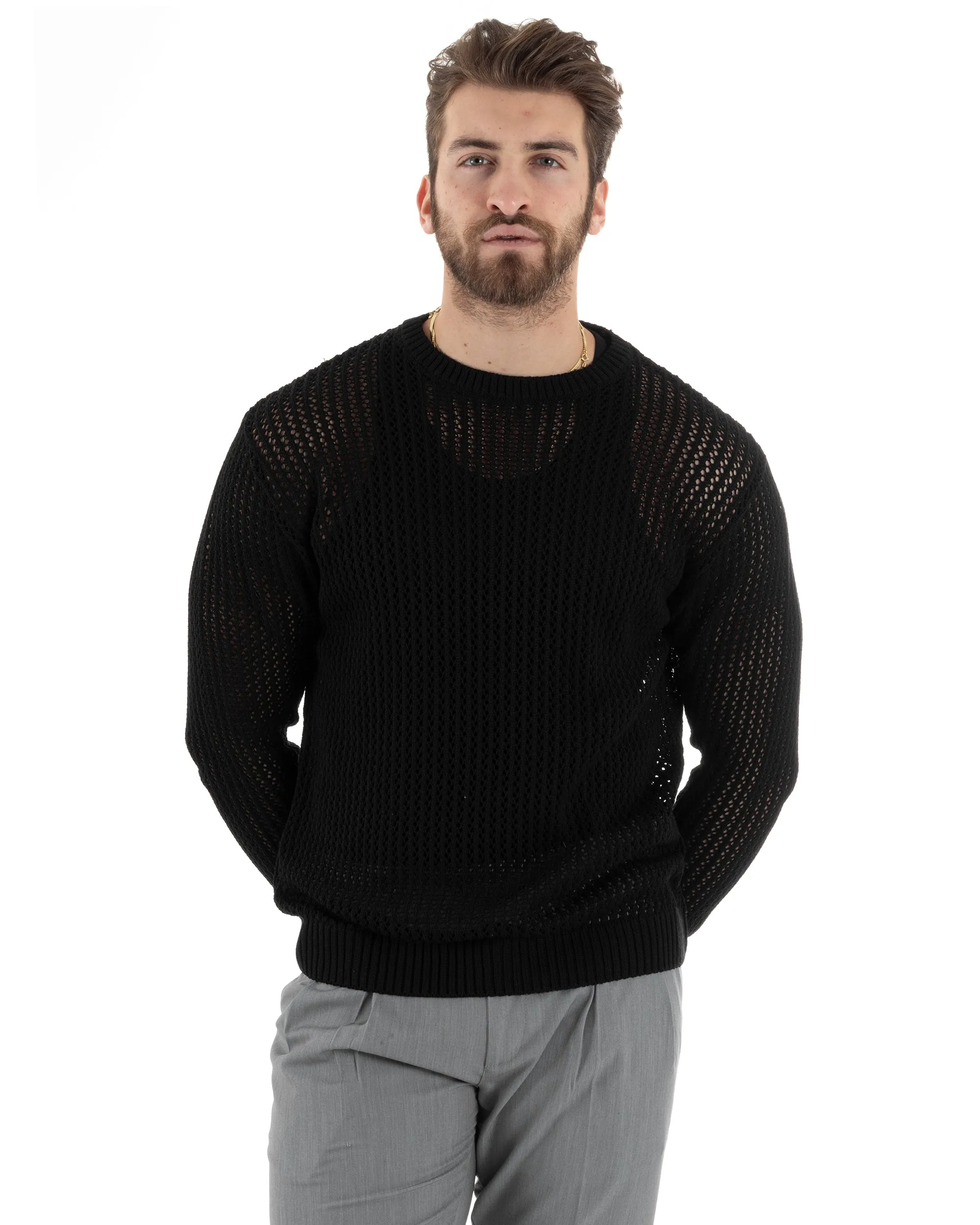 Maglioncino Uomo Traforato Girocollo Maglia Bucata Tinta Unita Nero Basic Casual GIOSAL-M2818A