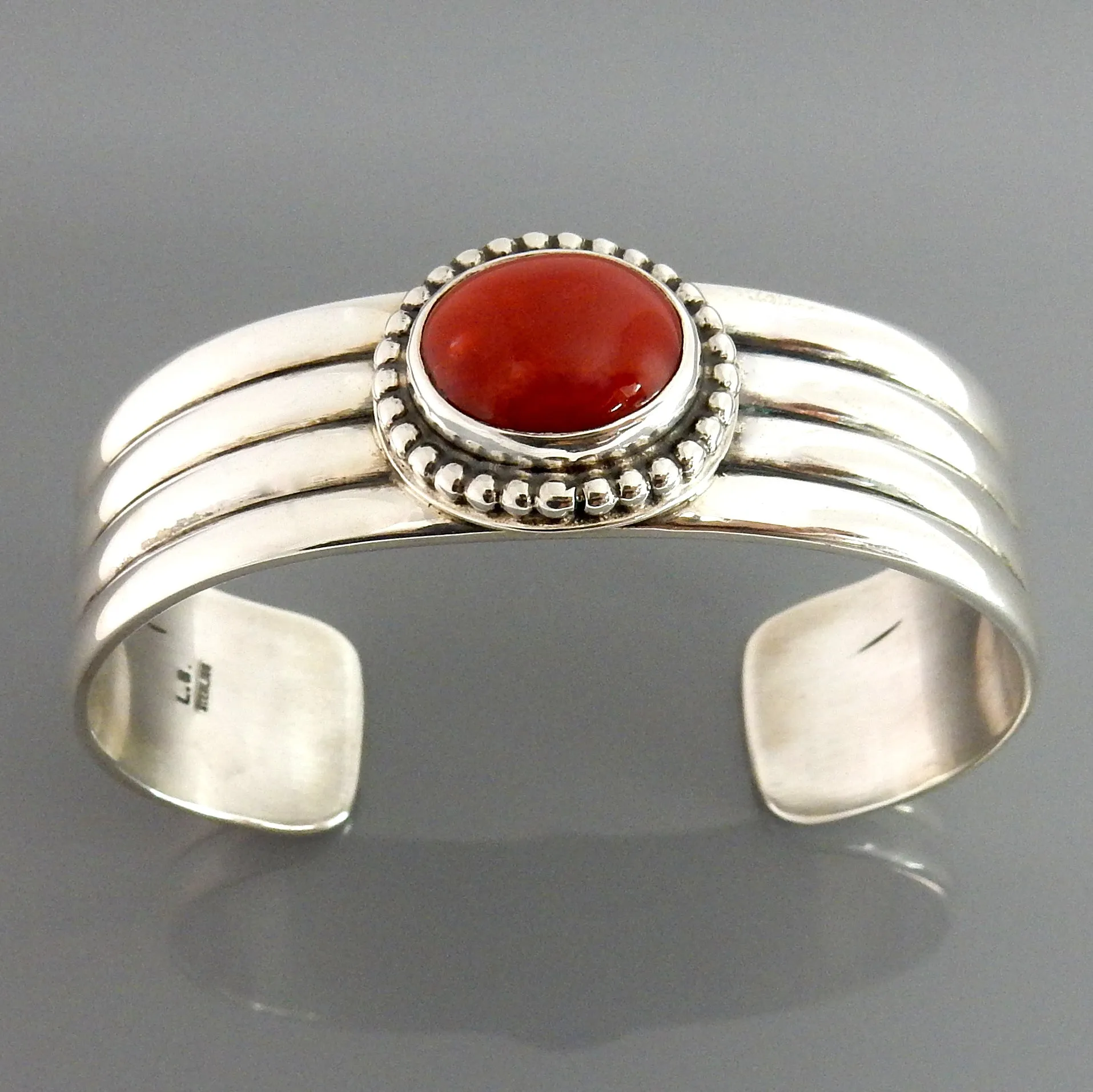 Natural Italian Red Coral Sterling Silver Cuff Bracelet