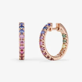 Rainbow Hoop Huggie Earrings Brilliant Cut Sapphire 18K Rose Gold