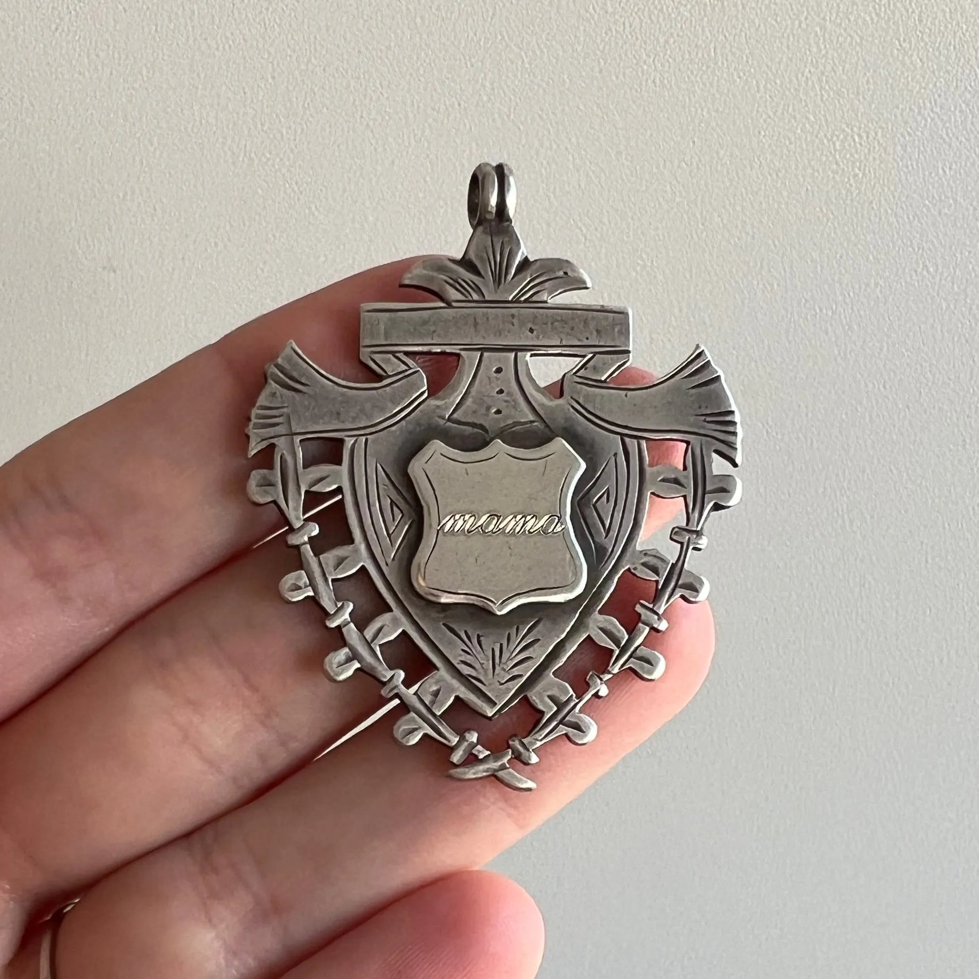 reimagined A N T I Q U E // maternal shield / sterling silver antique fob medal with new 'mama' engraving / a pendant