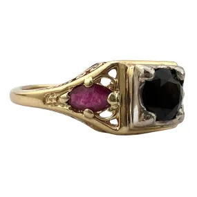 reimagined V I N T A G E // 1960s does 1920s / 14k deco revival engagement ring / yellow and white gold with black onyx and rubies / size 5