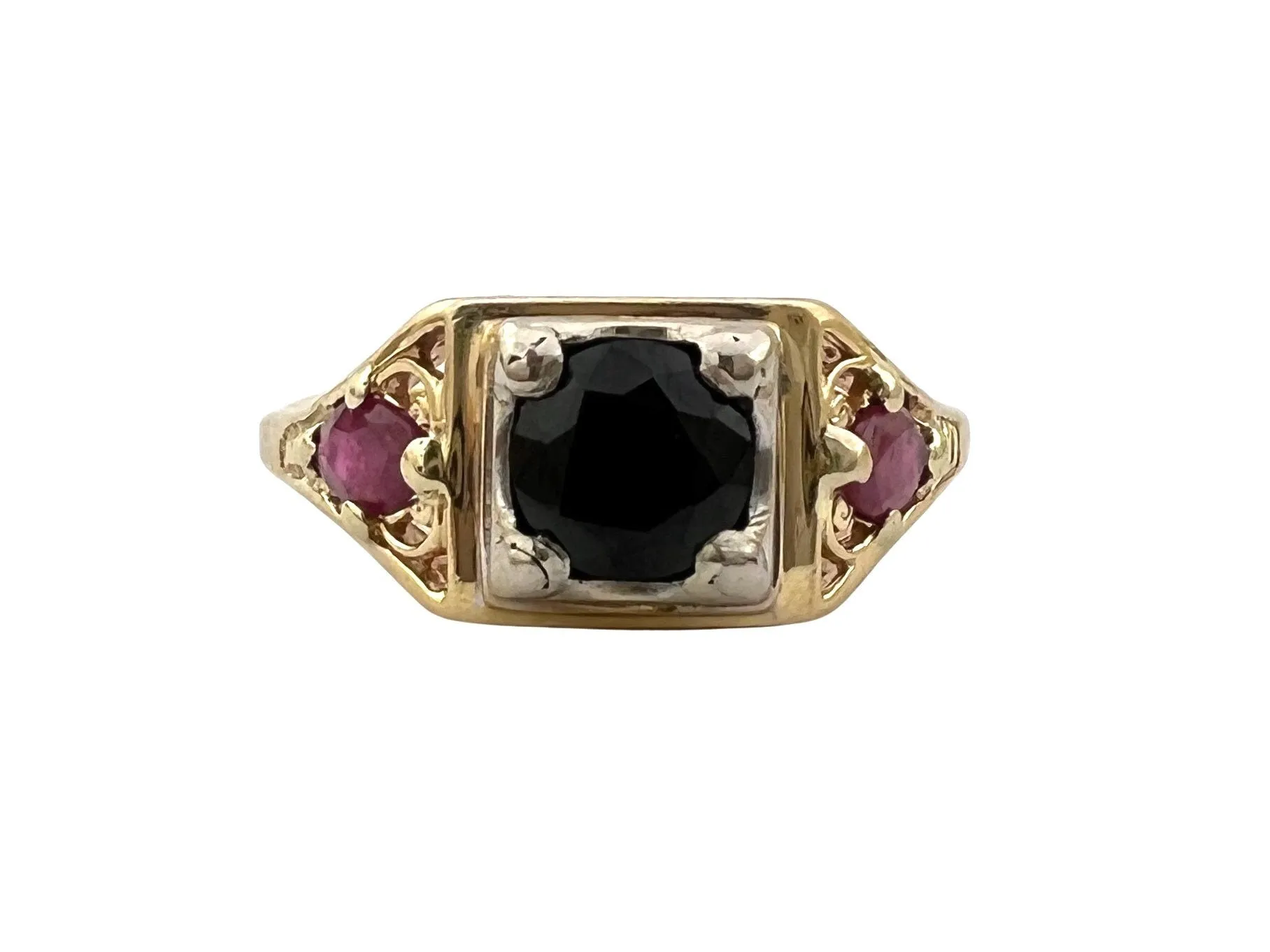 reimagined V I N T A G E // 1960s does 1920s / 14k deco revival engagement ring / yellow and white gold with black onyx and rubies / size 5