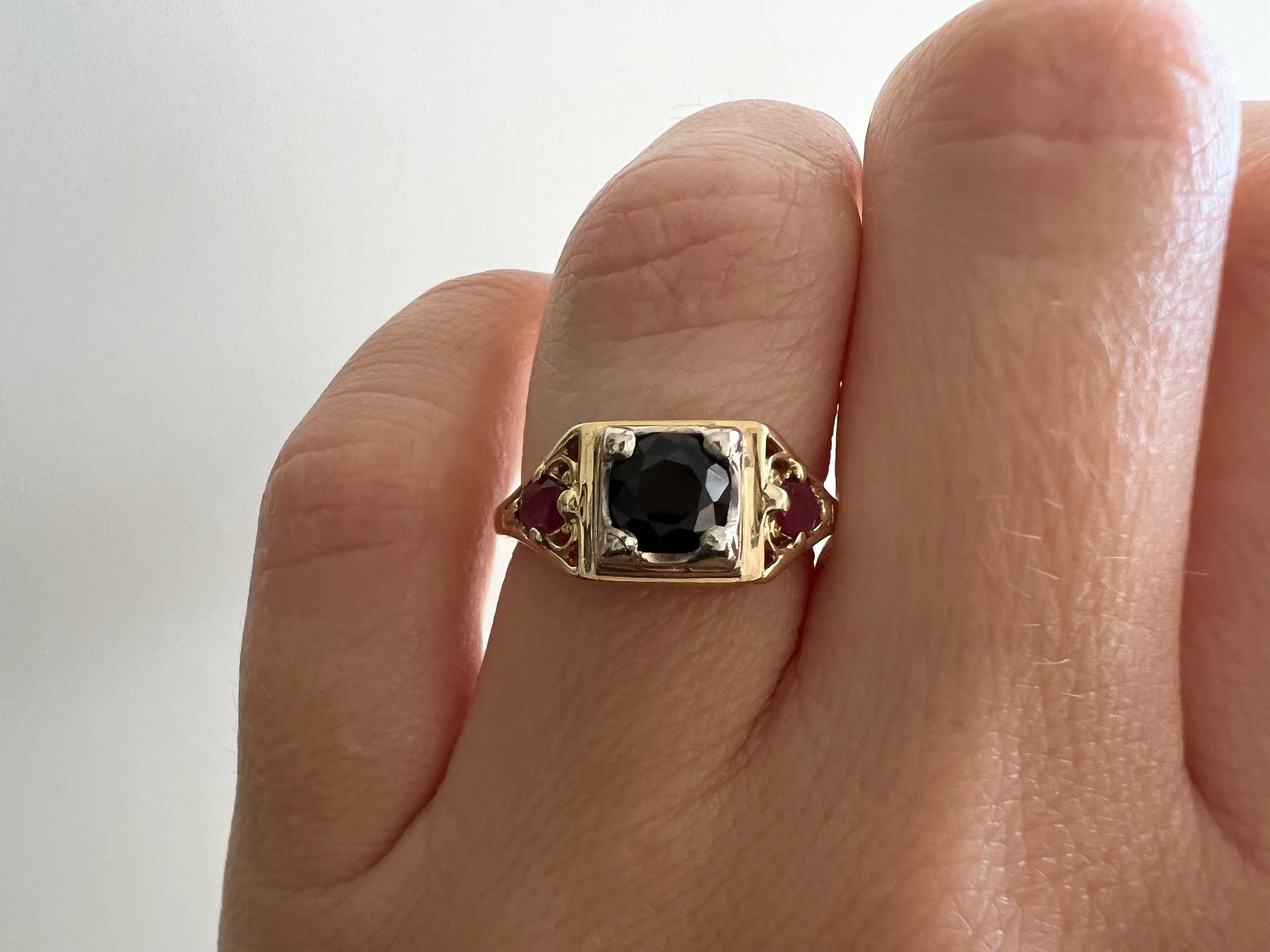 reimagined V I N T A G E // 1960s does 1920s / 14k deco revival engagement ring / yellow and white gold with black onyx and rubies / size 5