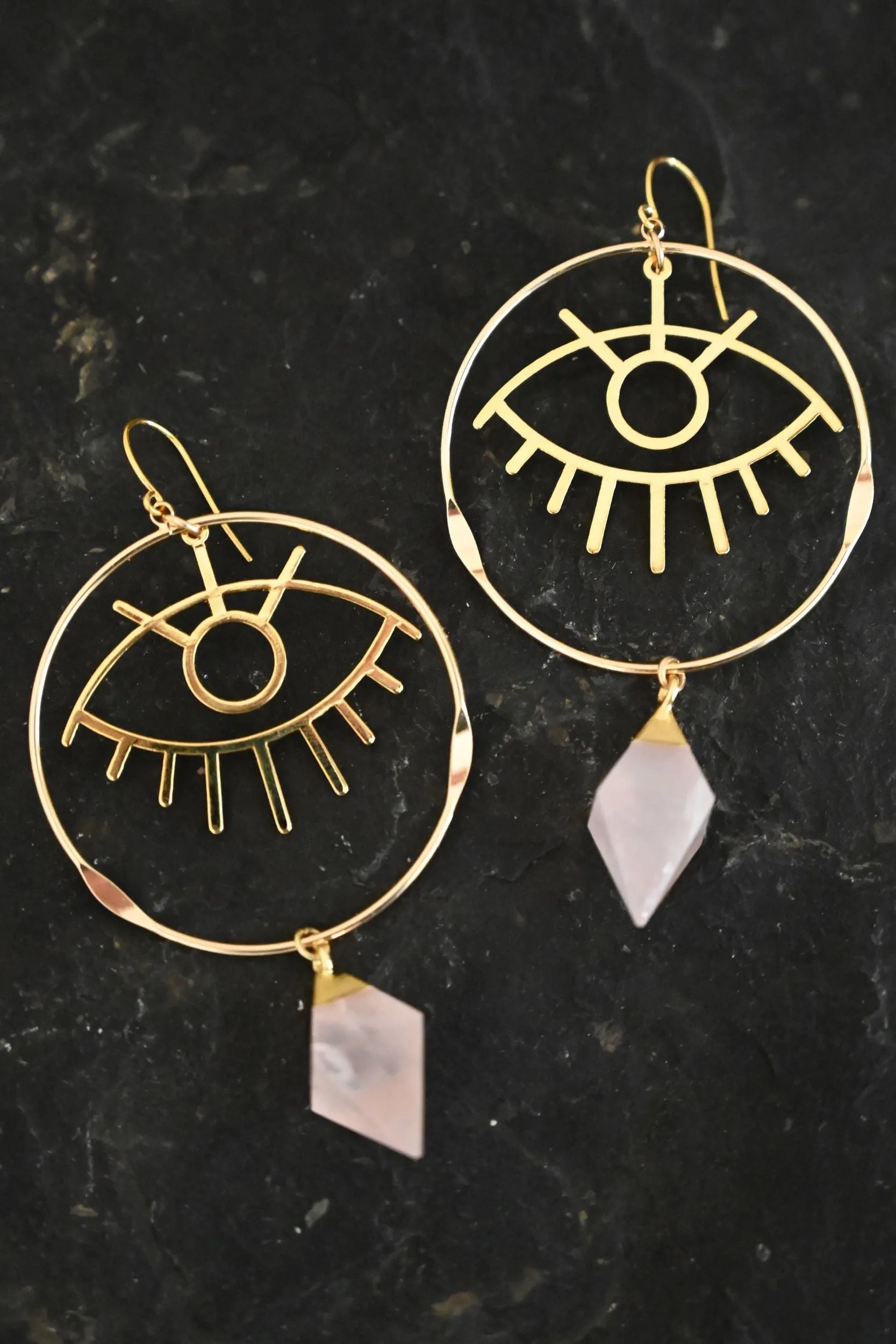 Self Love & Protection Rose Quartz Evil Eye Gold Hoops