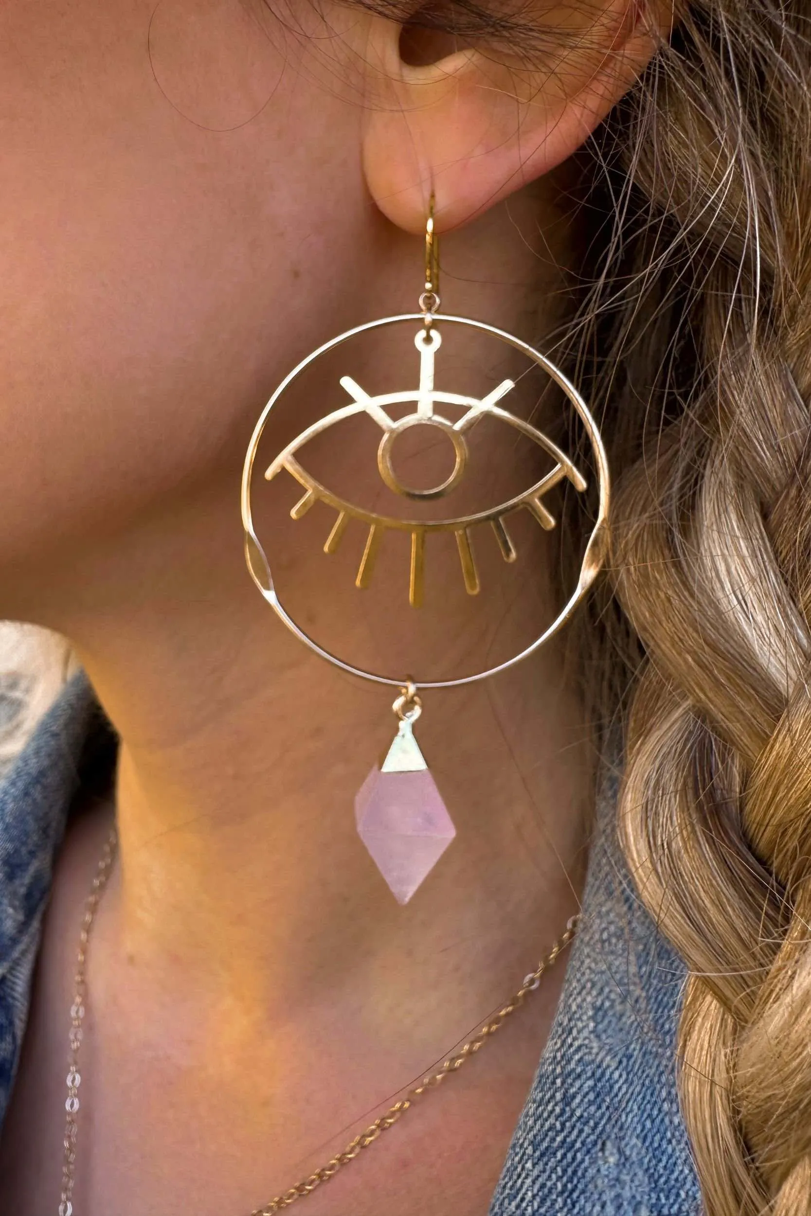 Self Love & Protection Rose Quartz Evil Eye Gold Hoops