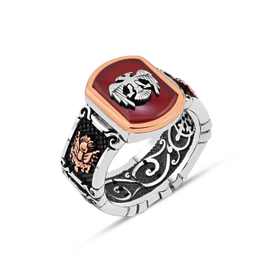 Seljuk Eagle on Red Stadium Shape Agate Stone Silver Men's Ring Siding Coat of Arms