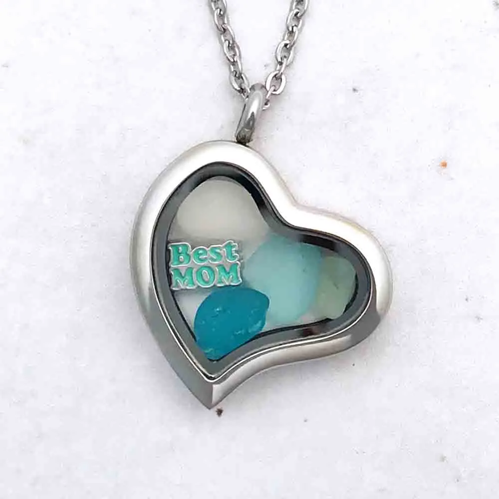 Shades of Turquoise & Aqua "Best Mom" Sea Glass Locket | #1683