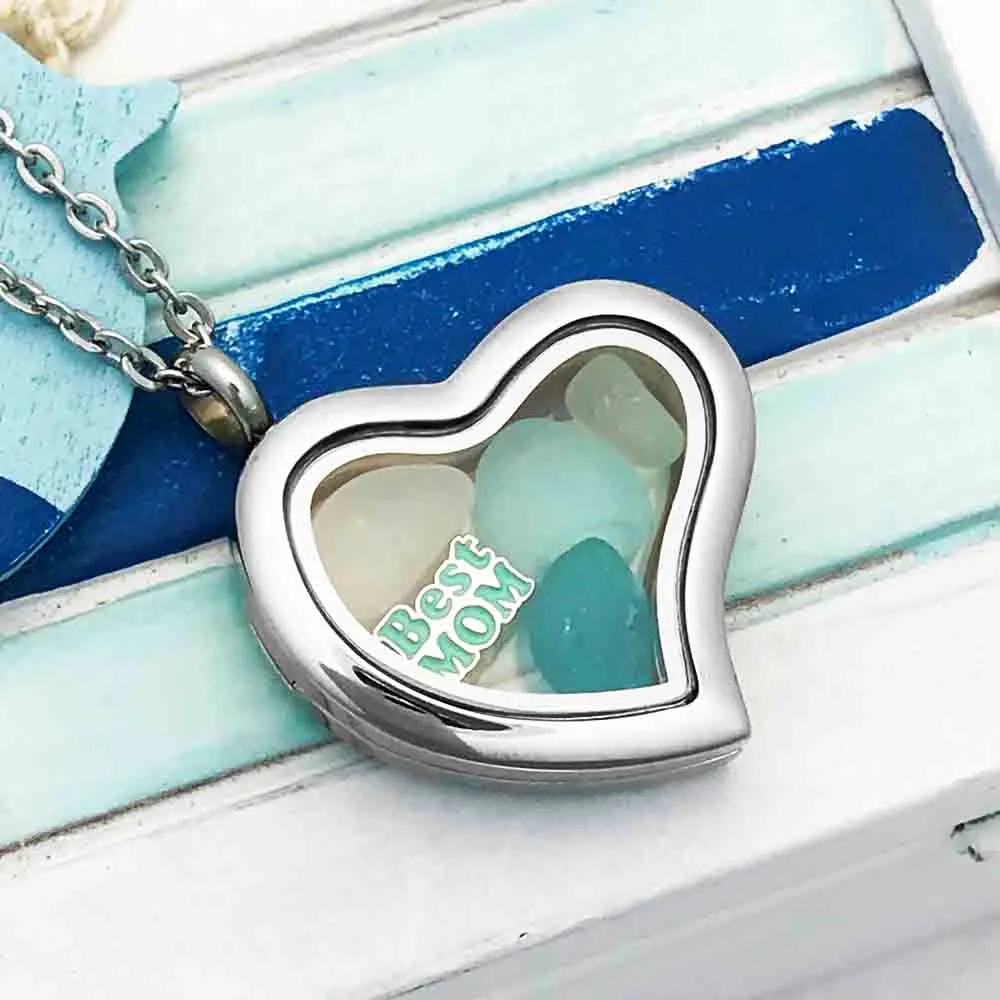 Shades of Turquoise & Aqua "Best Mom" Sea Glass Locket | #1683