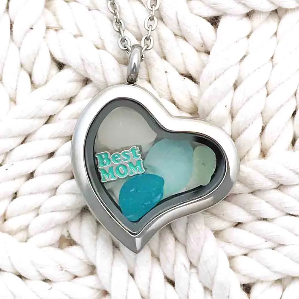 Shades of Turquoise & Aqua "Best Mom" Sea Glass Locket | #1683