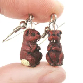 Small Beaver Shaped Porcelain Ceramic Animal Themed Dangle Earrings | Handmade