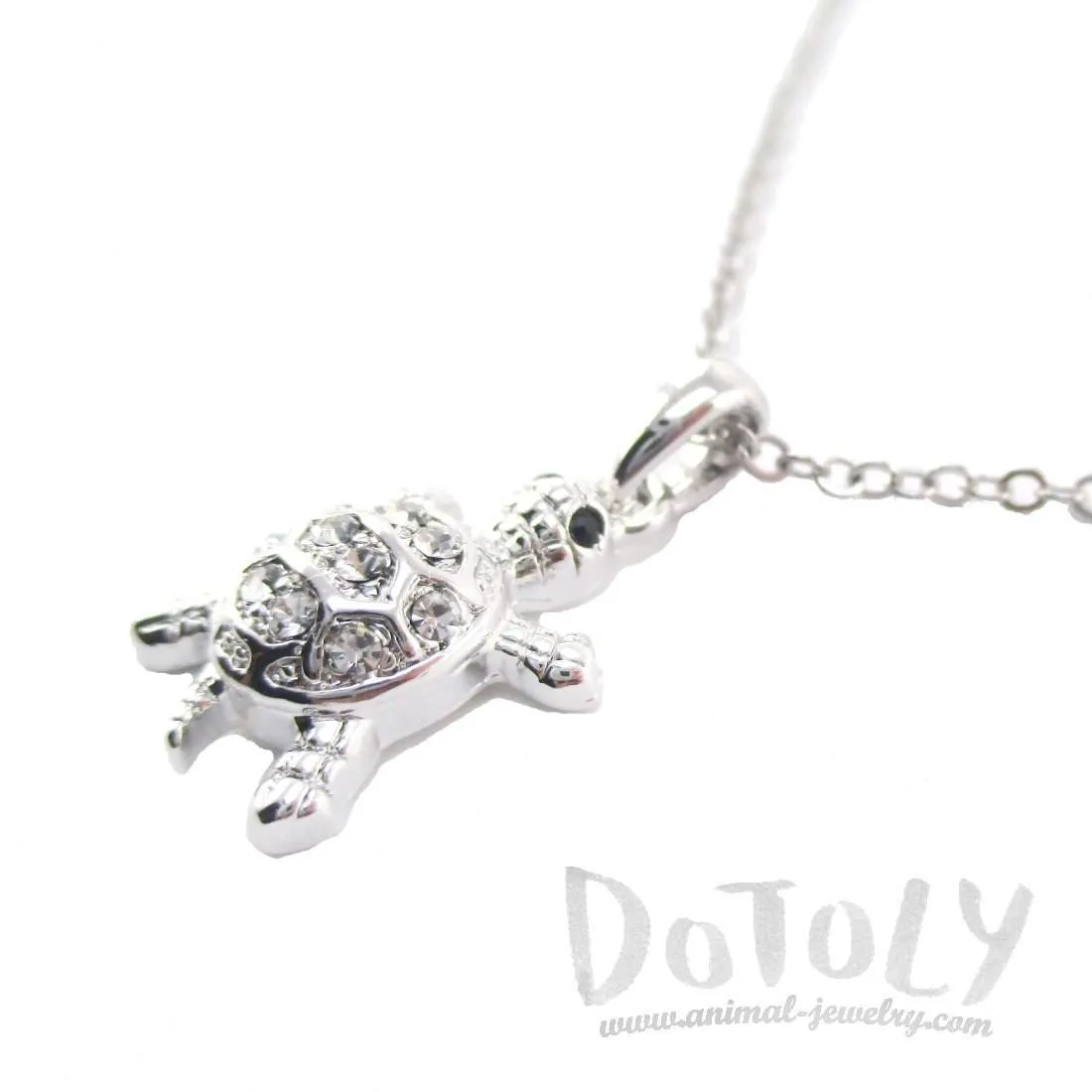 Small Turtle Shaped Charm Necklace in Silver with Rhinestones