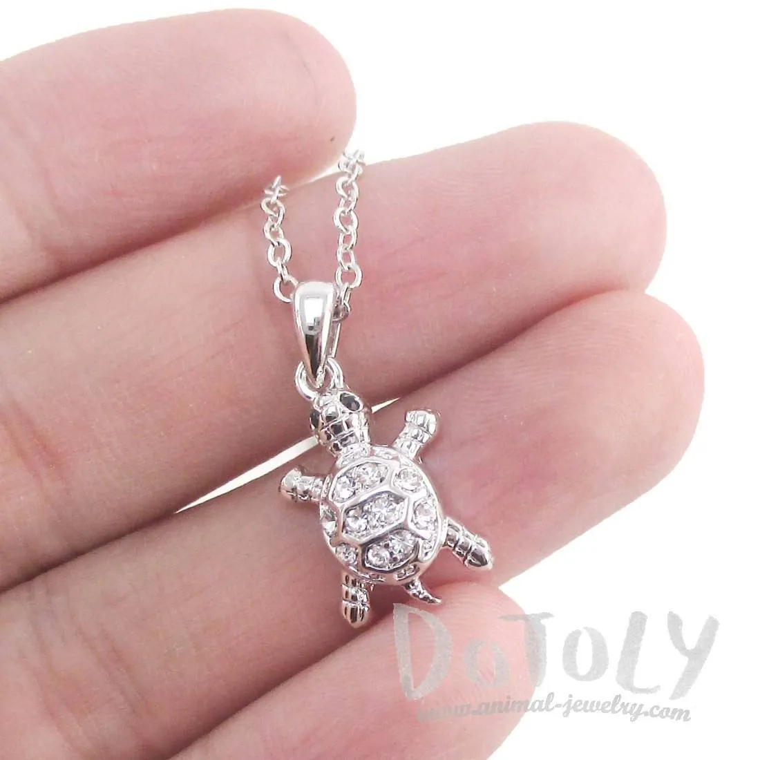 Small Turtle Shaped Charm Necklace in Silver with Rhinestones