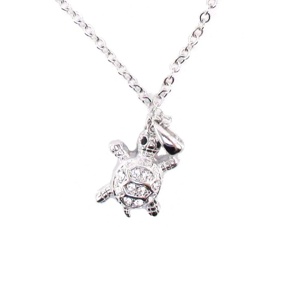 Small Turtle Shaped Charm Necklace in Silver with Rhinestones