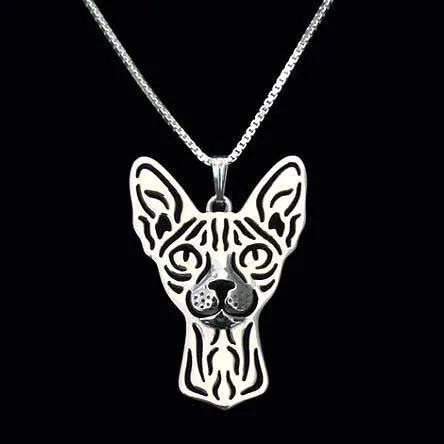 Sphynx Cat Face Cut Out Shaped Pendant Necklace in Silver | Animal Jewelry