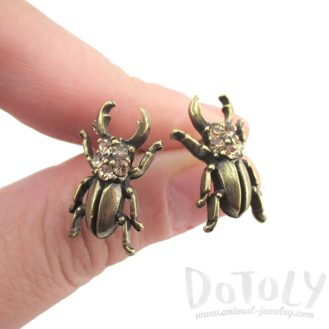 Stag Beetle with Pincers Shaped Rhinestone Stud Earrings in Brass | DOTOLY