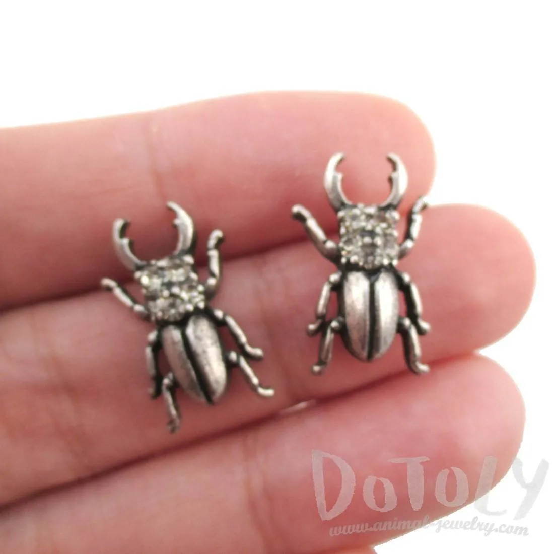 Stag Beetle with Pincers Shaped Rhinestone Stud Earrings in Silver | DOTOLY