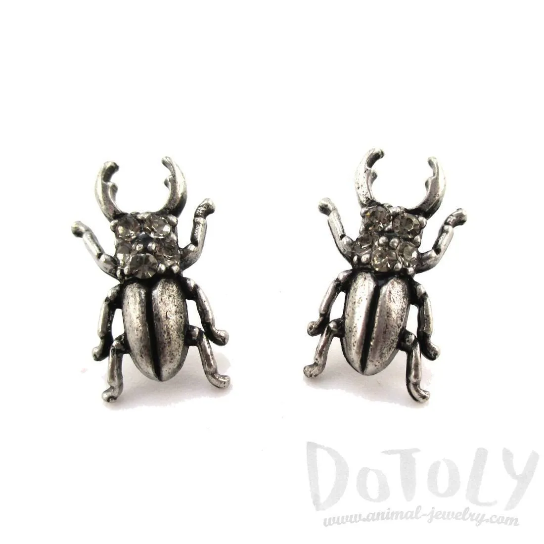 Stag Beetle with Pincers Shaped Rhinestone Stud Earrings in Silver | DOTOLY