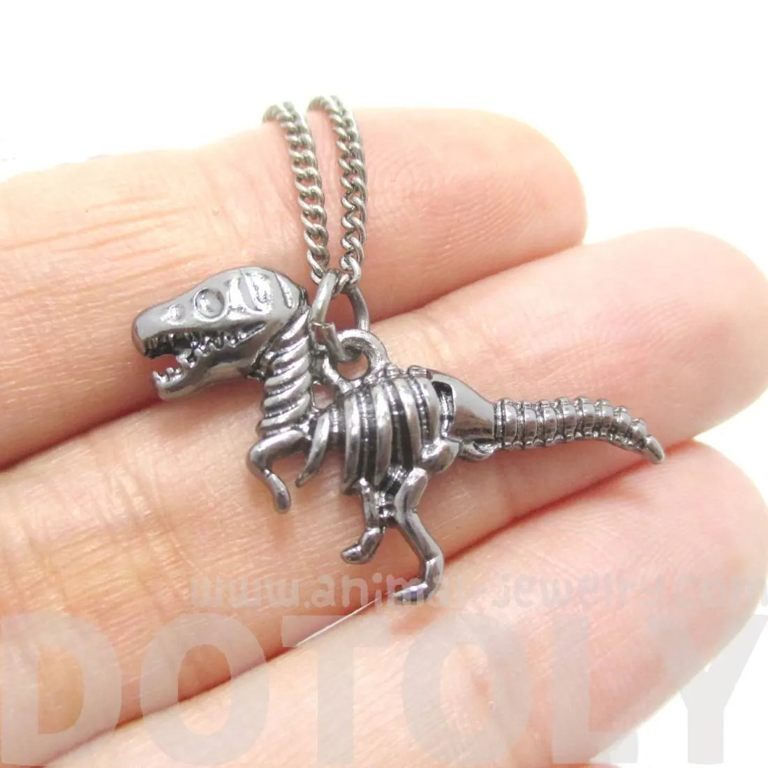 T Rex Dinosaur Skeleton Fossil Animal Bones Pendant Necklace in Silver