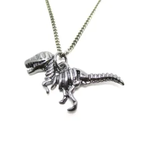 T Rex Dinosaur Skeleton Fossil Animal Bones Pendant Necklace in Silver