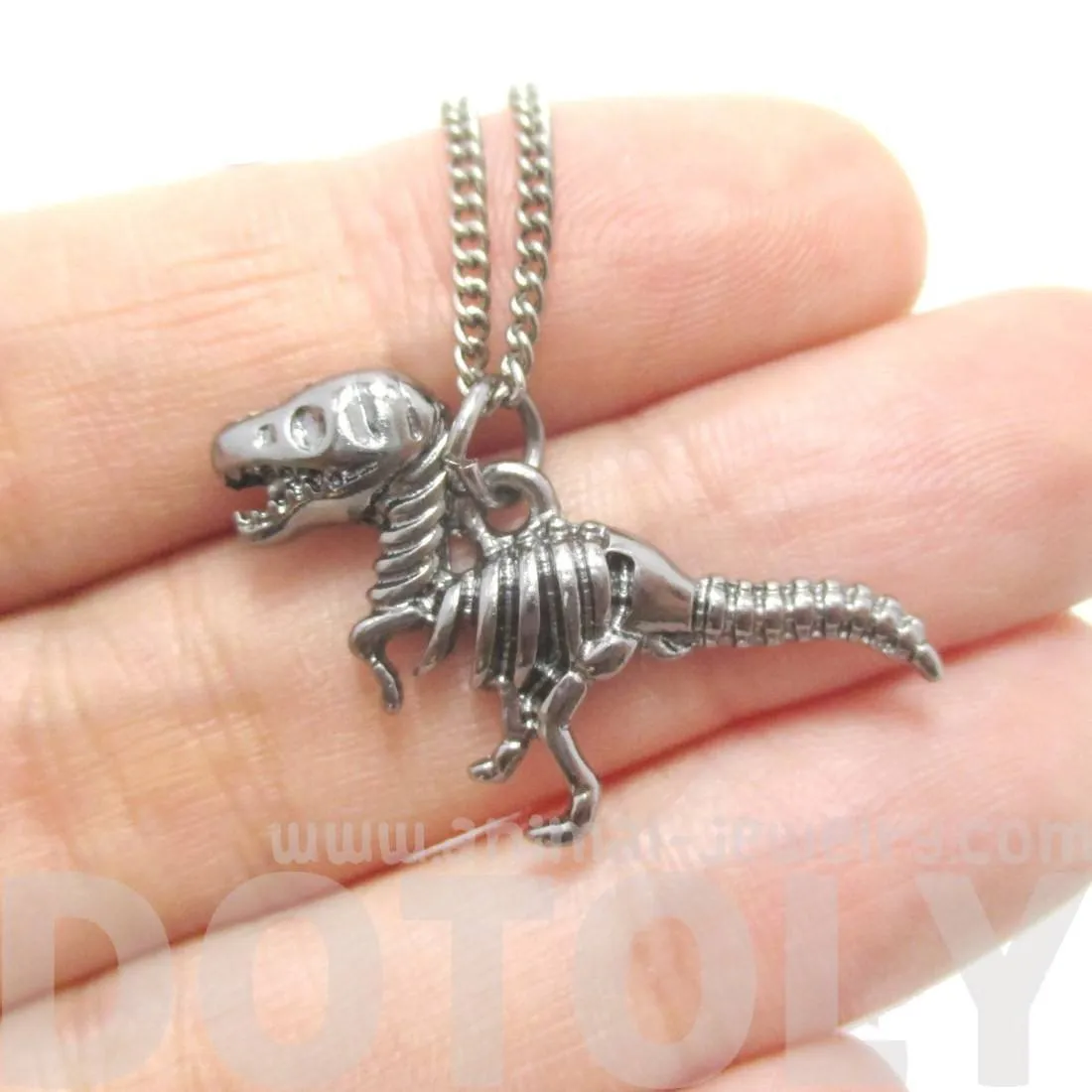 T Rex Dinosaur Skeleton Fossil Animal Bones Pendant Necklace in Silver