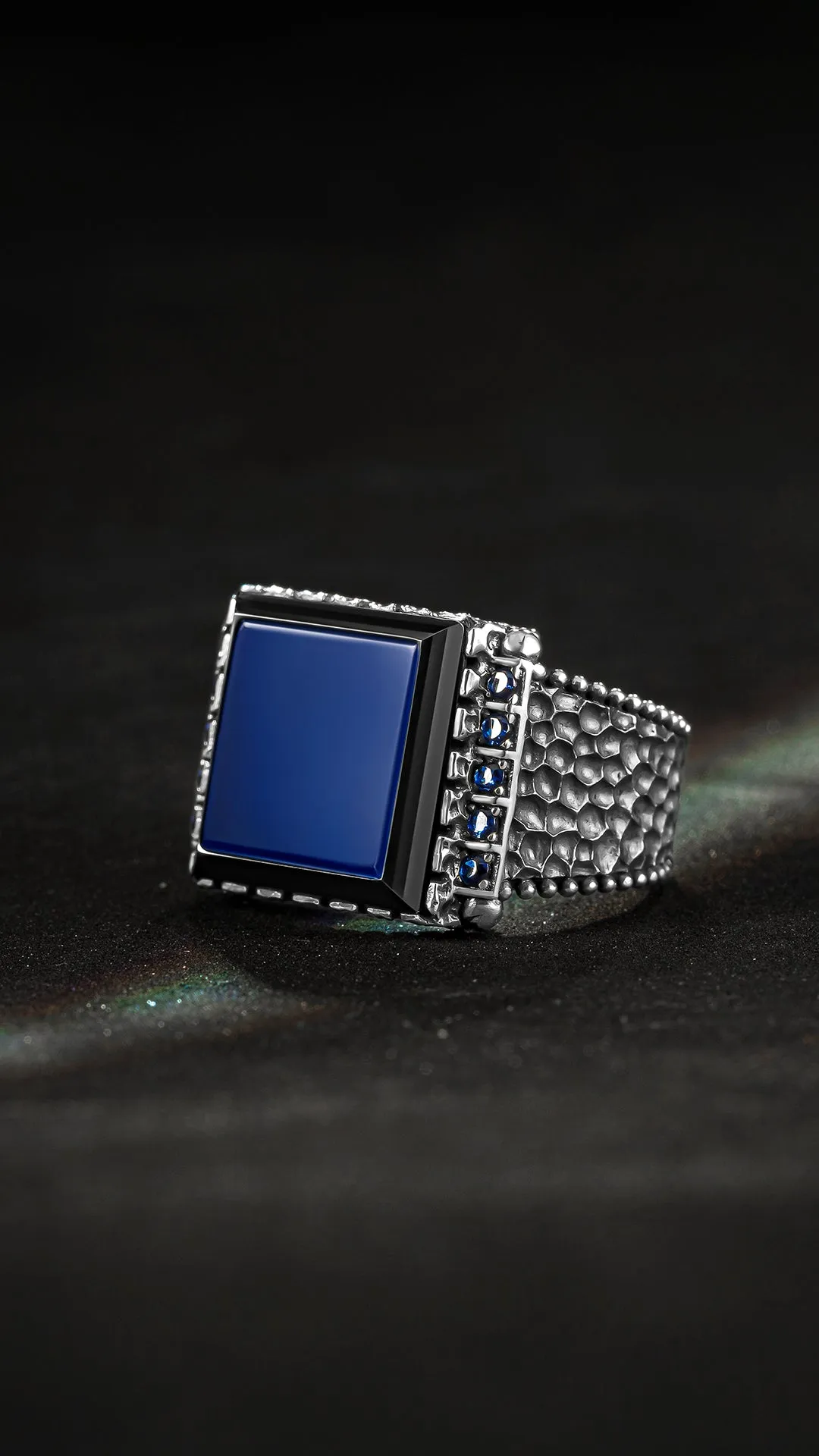 THE HARPY EAGLE - Handcrafted Premium Quality Silver Ring with Square Blue Agate and Onyx Stone and Blue Zircons