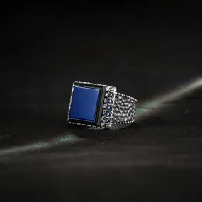 THE HARPY EAGLE - Handcrafted Premium Quality Silver Ring with Square Blue Agate and Onyx Stone and Blue Zircons