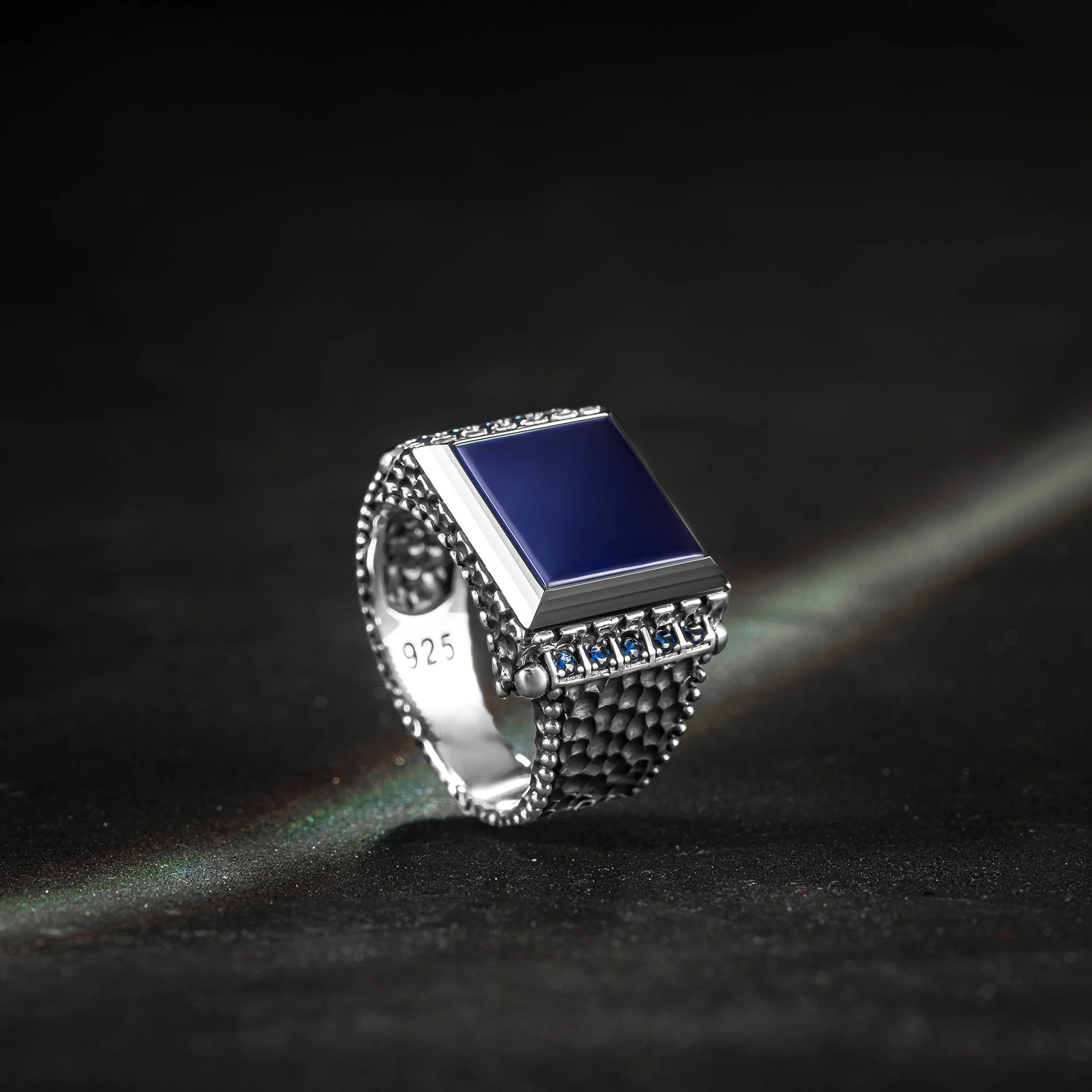 THE HARPY EAGLE - Handcrafted Premium Quality Silver Ring with Square Blue Agate and Onyx Stone and Blue Zircons