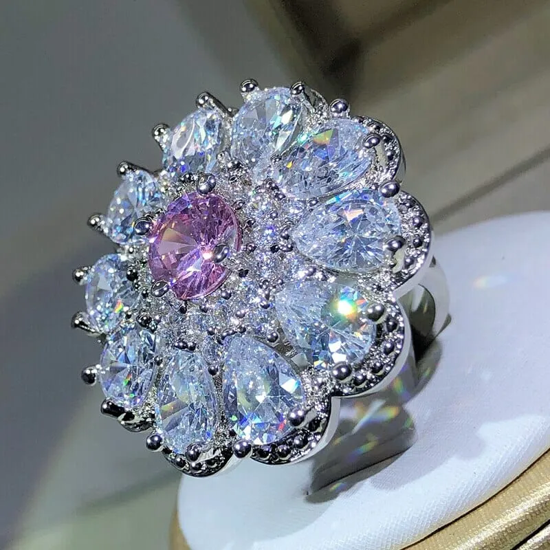 Trendy Luxury Shiny White Zirconia Crystal Flower Ring