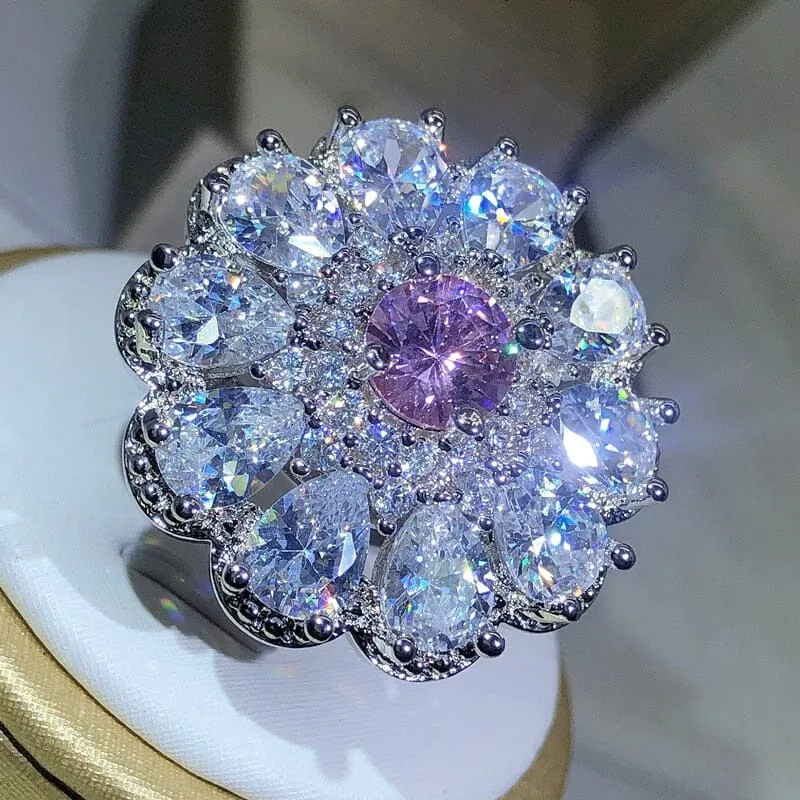 Trendy Luxury Shiny White Zirconia Crystal Flower Ring