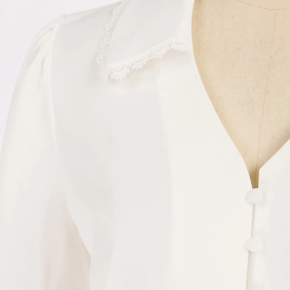 Vintage Fans Look of Cropped Shirt Long Lantern Sleeve Lapel V-Neck Button-up Tops