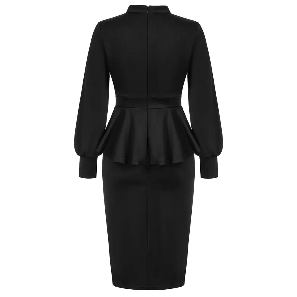 Vintage Fans Look of Peplum Bodycon Dress Long Lantern Sleeve High Neck Dress