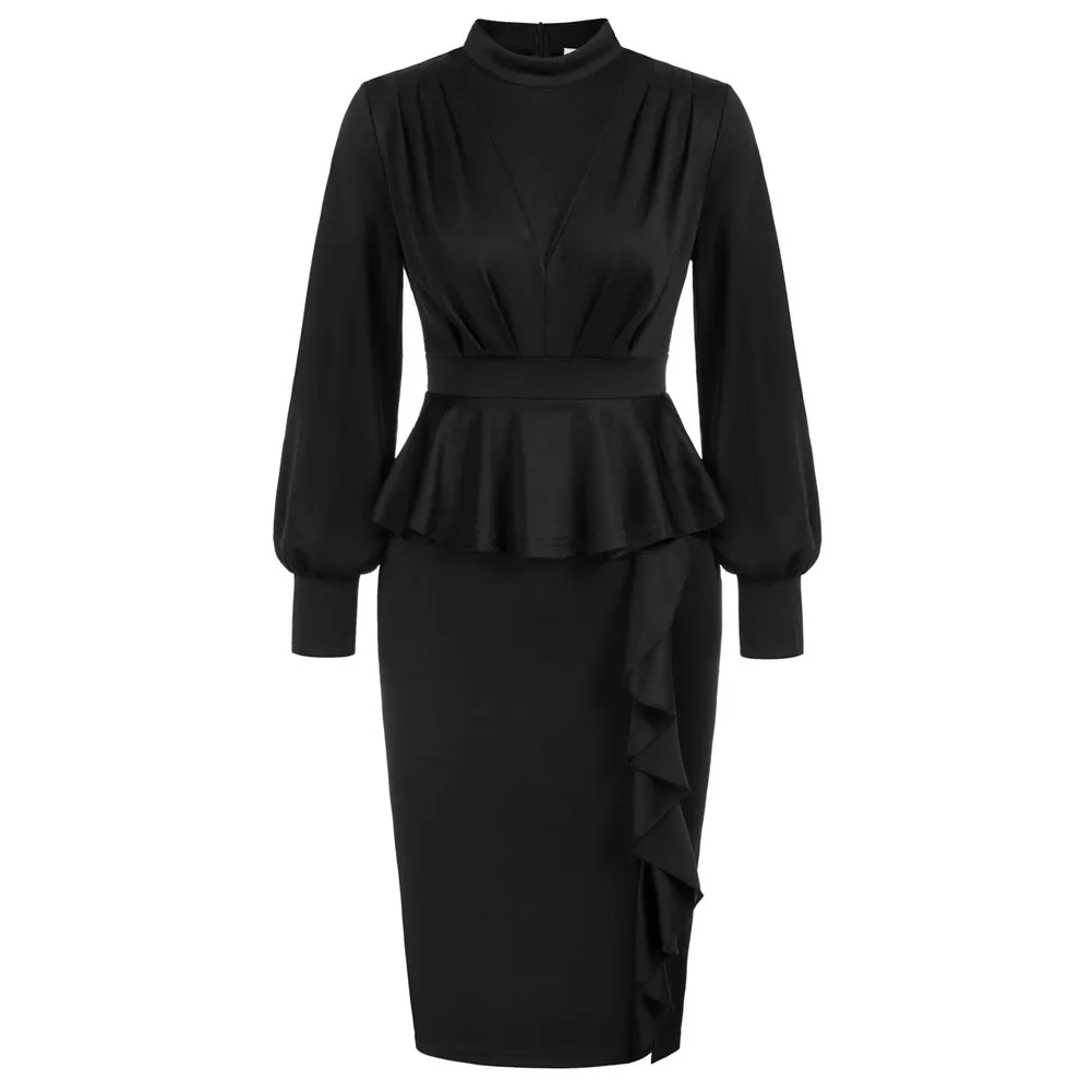 Vintage Fans Look of Peplum Bodycon Dress Long Lantern Sleeve High Neck Dress